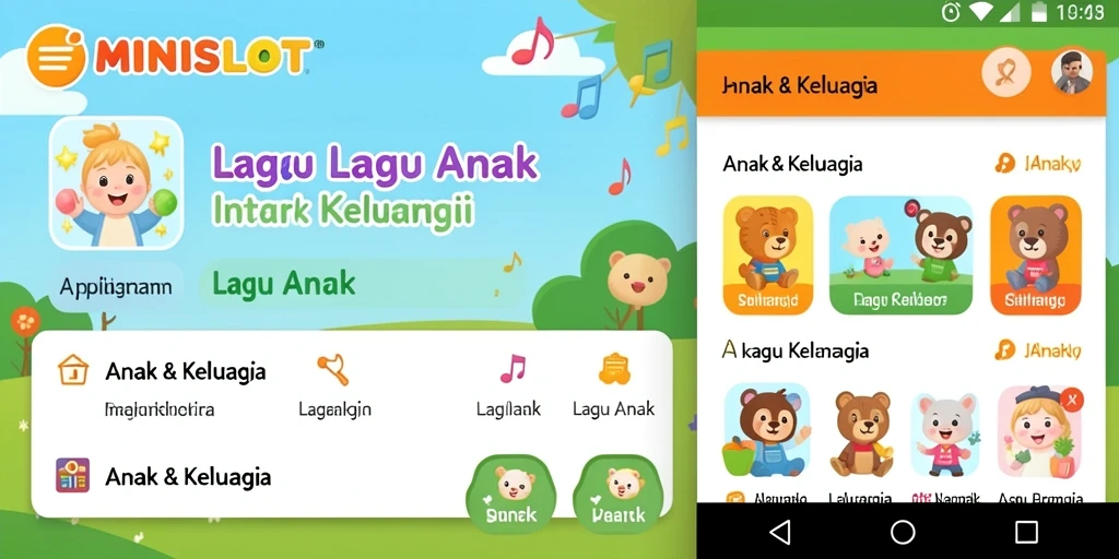 Tampilan antarmuka aplikasi MINISLOT dengan lagu-lagu anak yang ceria.